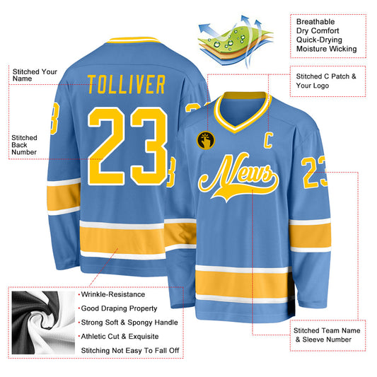 Custom Light Blue Gold-White Hockey Jersey - Sky-Custom