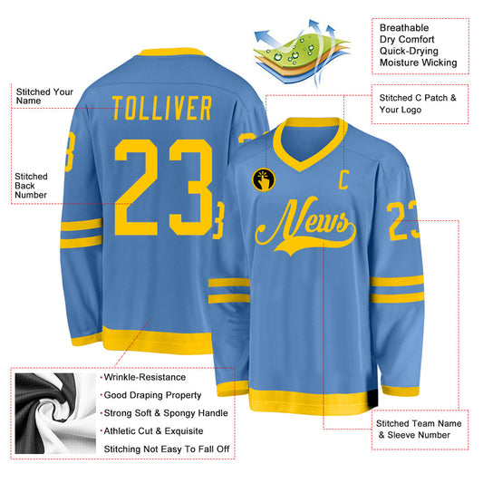 Custom Light Blue Gold Hockey Jersey - Sky-Custom