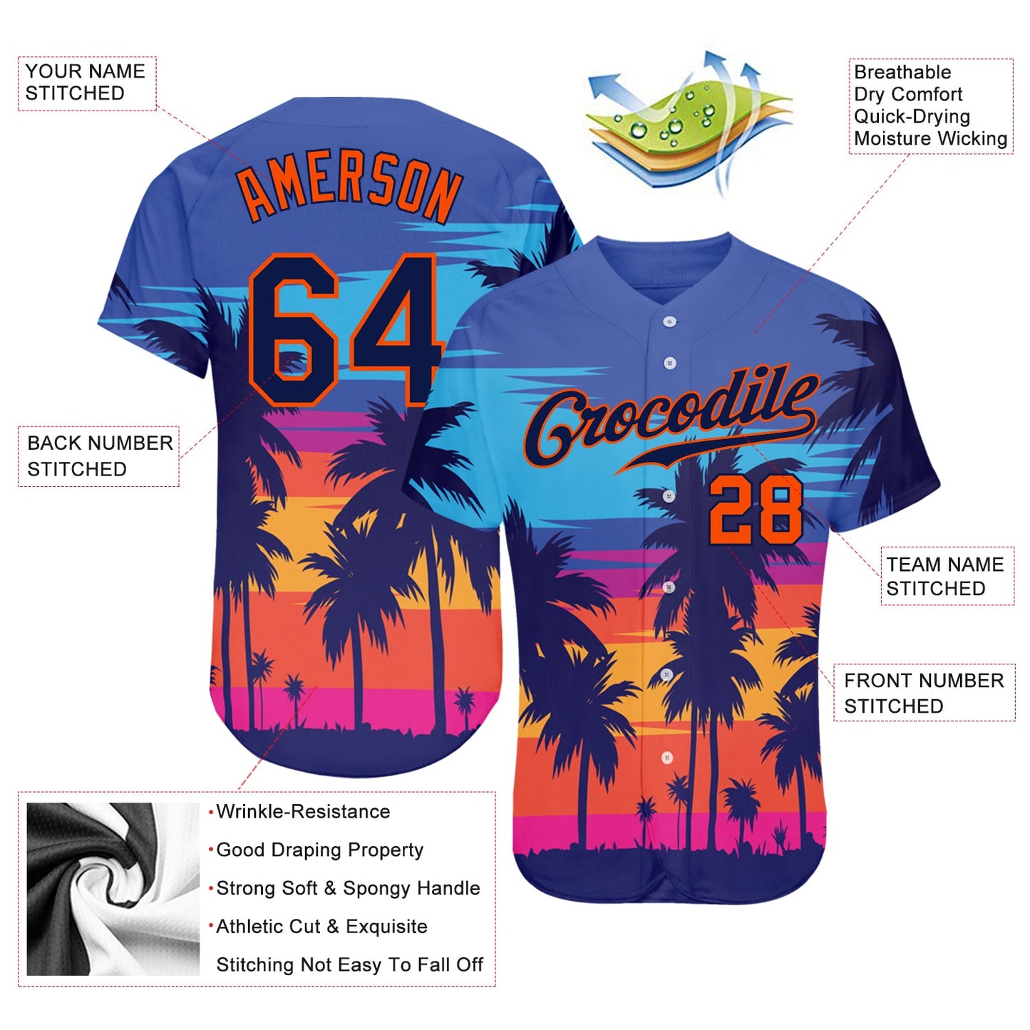 Custom Royal Navy-Orange 3D Pattern Design Palm Trees Authentic Baseball Jersey - Sky-Custom