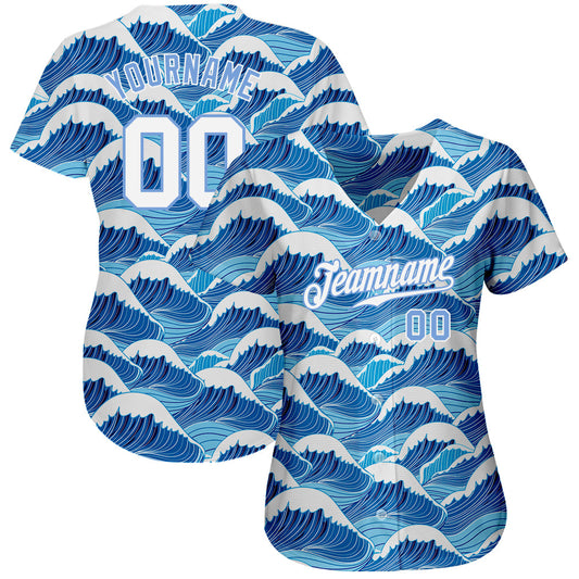 Custom Light Blue White-Light Blue 3D Pattern Design Waves Authentic Baseball Jersey - Sky-Custom