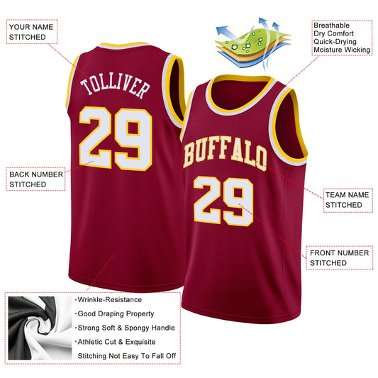 Custom Maroon White-Gold Round Neck Rib-Knit Basketball Jersey - Sky-Custom
