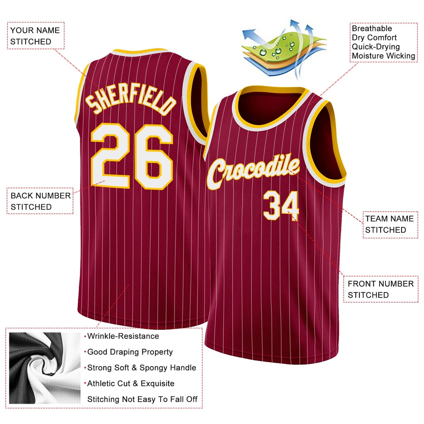 Custom Maroon White Pinstripe White-Gold Authentic Basketball Jersey - Sky-Custom