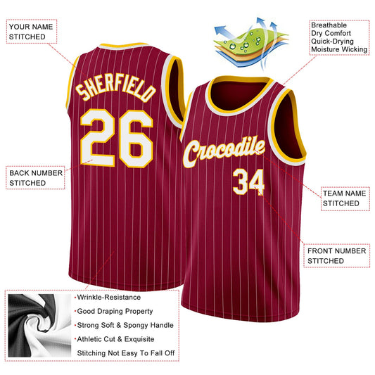Custom Maroon White Pinstripe White-Gold Authentic Basketball Jersey - Sky-Custom