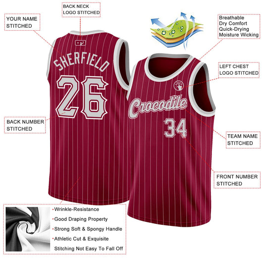Custom Maroon White Pinstripe Gray-White Authentic Basketball Jersey - Sky-Custom