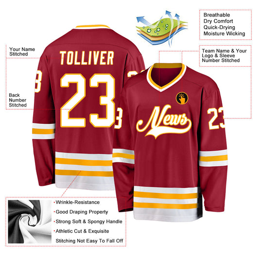 Custom Maroon White-Gold Hockey Jersey - Sky-Custom