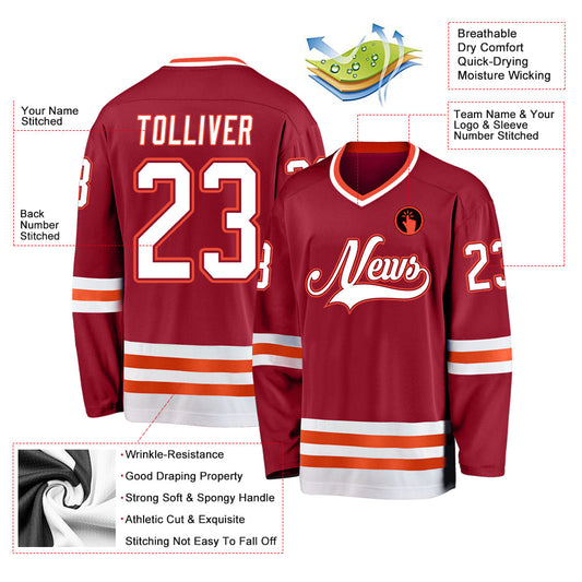 Custom Maroon White-Orange Hockey Jersey - Sky-Custom