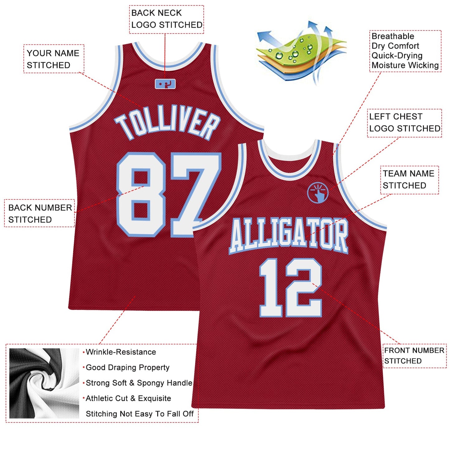 Custom Maroon White-Light Blue Authentic Throwback Basketball Jersey - Sky-Custom