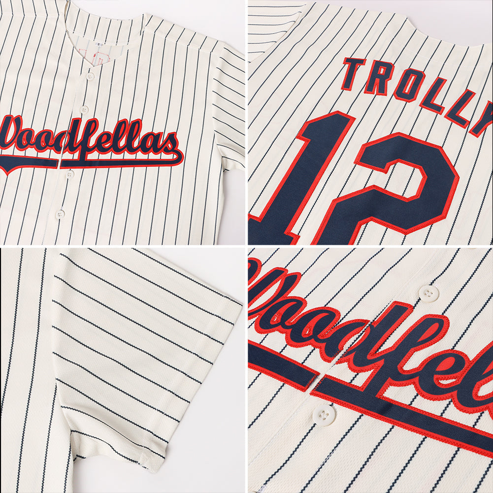 Custom Cream Navy Pinstripe Navy-Red Baseball Jersey - Sky-Custom