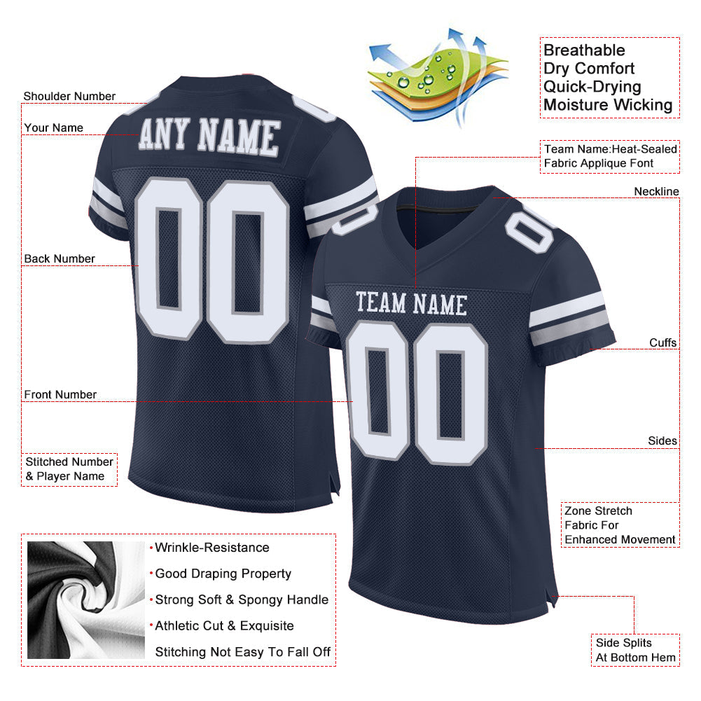 Custom Navy White-Light Gray Mesh Authentic Football Jersey - Sky-Custom