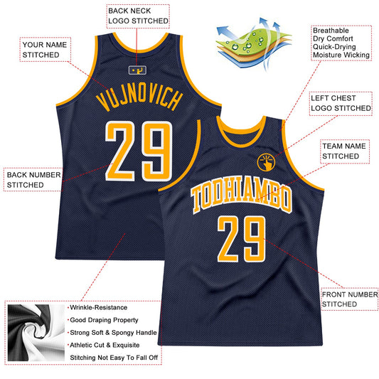 Custom Navy Gold-White Authentic Throwback Basketball Jersey - Sky-Custom
