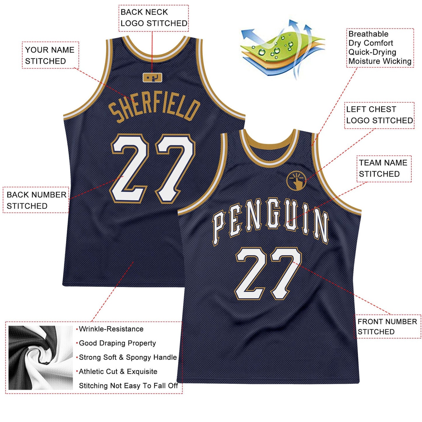Custom Navy White-Old Gold Authentic Throwback Basketball Jersey - Sky-Custom