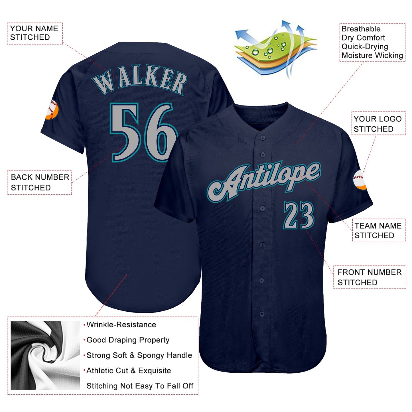 Custom Navy Gray-Teal Authentic Baseball Jersey - Sky-Custom