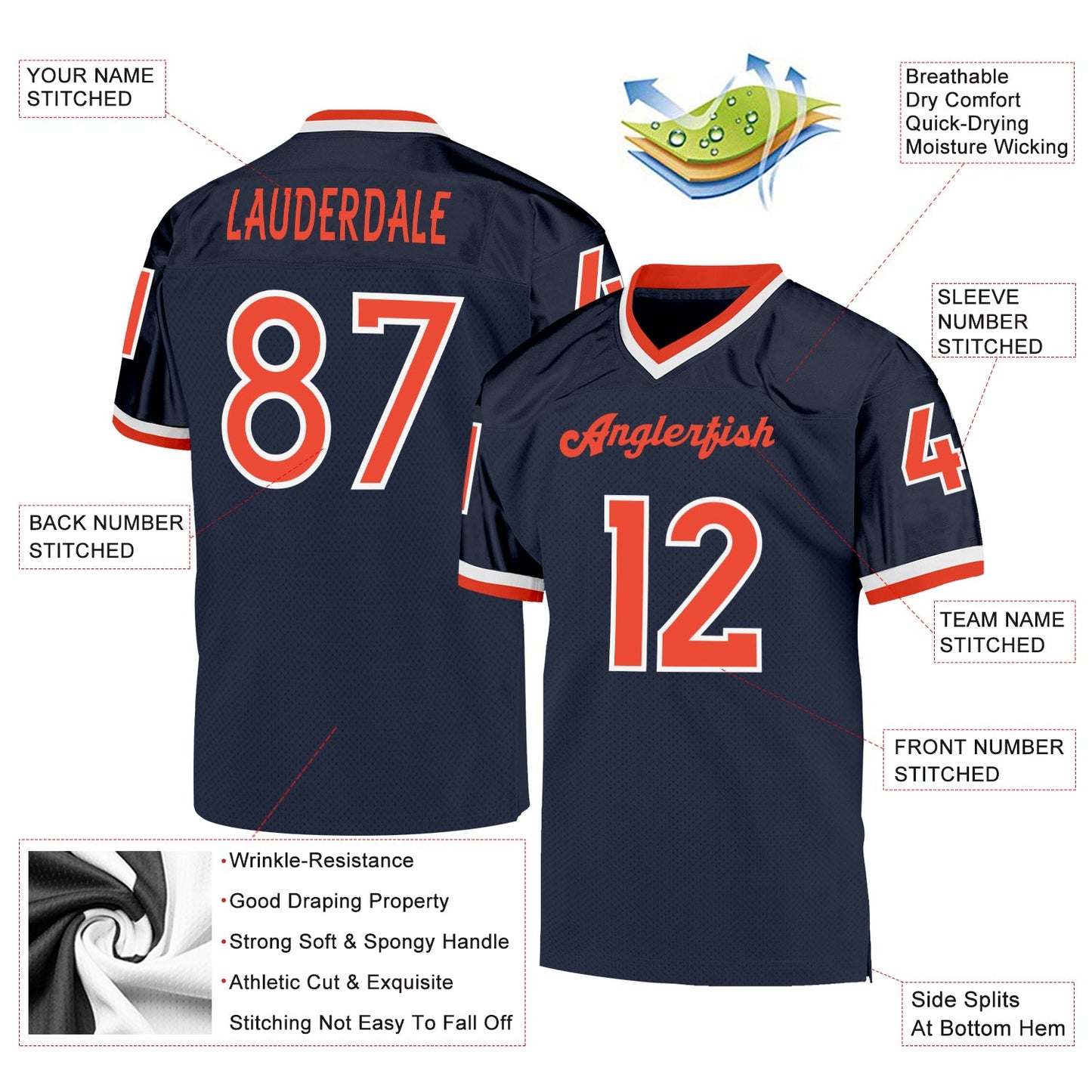 Custom Navy Orange-White Mesh Authentic Throwback Football Jersey - Sky-Custom