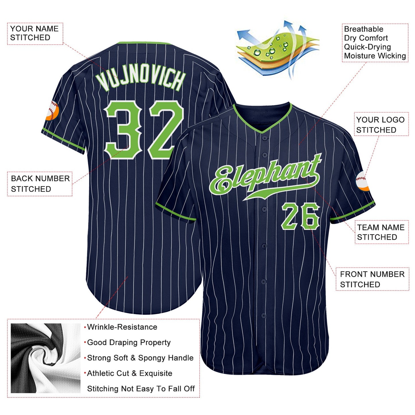 Custom Navy White Pinstripe Neon Green-White Authentic Baseball Jersey - Sky-Custom
