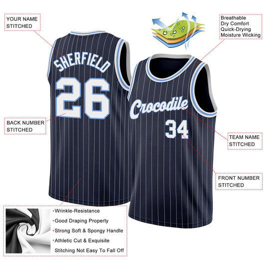 Custom Navy White Pinstripe White-Light Blue Authentic Basketball Jersey - Sky-Custom
