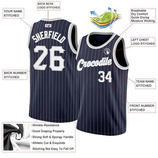 Custom Navy White Pinstripe White-Gray Authentic Basketball Jersey - Sky-Custom