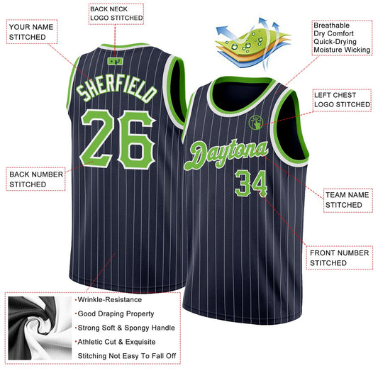 Custom Navy White Pinstripe Neon Green-White Authentic Basketball Jersey - Sky-Custom