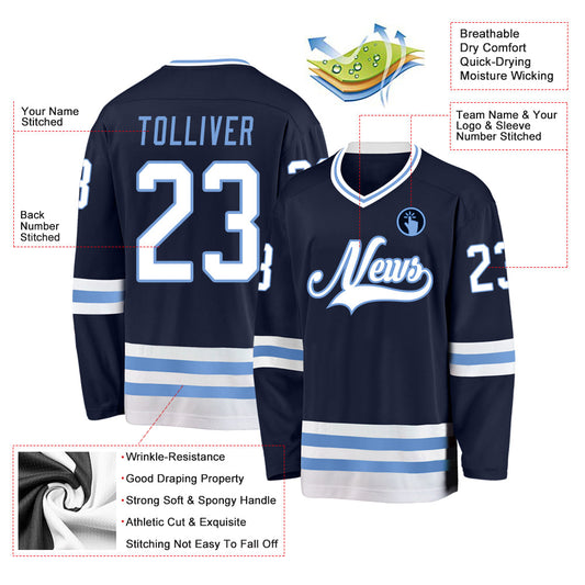 Custom Navy White-Light Blue Hockey Jersey - Sky-Custom