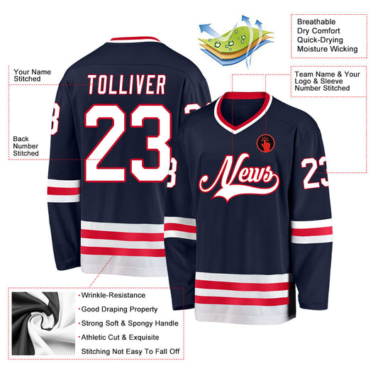 Custom Navy White-Red Hockey Jersey - Sky-Custom