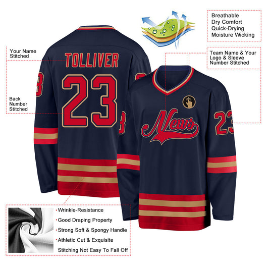 Custom Navy Red-Old Gold Hockey Jersey - Sky-Custom