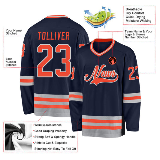 Custom Navy Orange-Gray Hockey Jersey - Sky-Custom