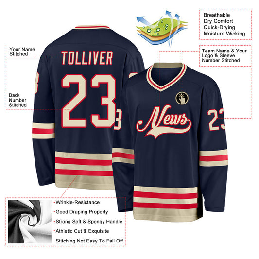 Custom Navy Cream-Red Hockey Jersey - Sky-Custom