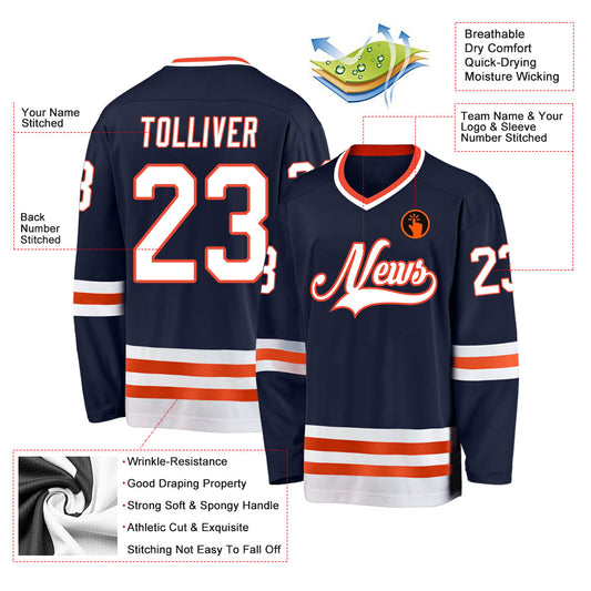 Custom Navy White-Orange Hockey Jersey - Sky-Custom