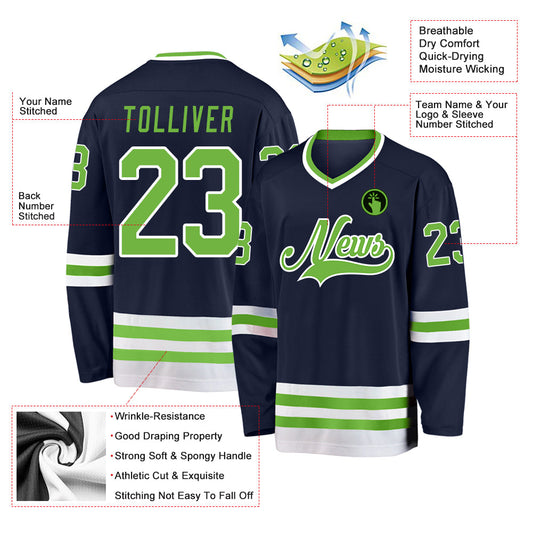 Custom Navy Neon Green-White Hockey Jersey - Sky-Custom
