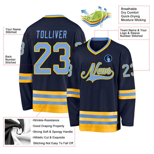 Custom Navy Light Blue-Gold Hockey Jersey - Sky-Custom