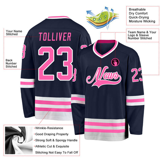 Custom Navy Pink-White Hockey Jersey - Sky-Custom