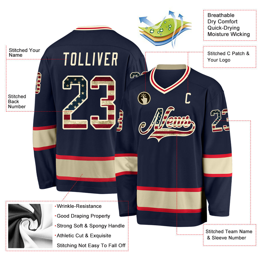 Custom Navy Vintage USA Flag-Cream Hockey Jersey - Sky-Custom