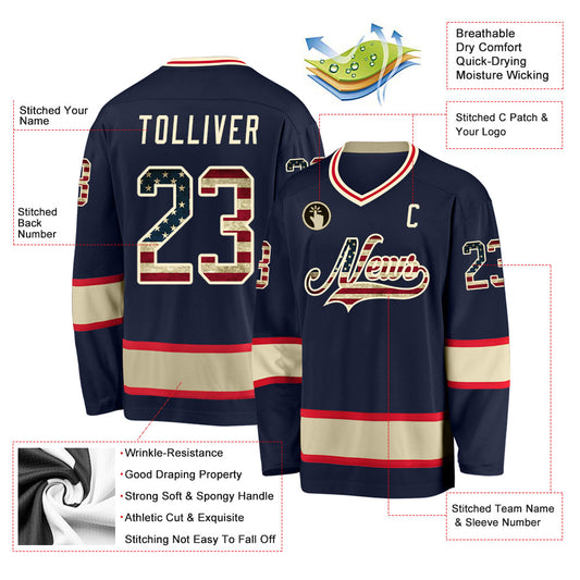 Custom Navy Vintage USA Flag-Cream Hockey Jersey - Sky-Custom