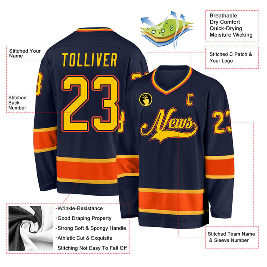 Custom Navy Gold-Orange Hockey Jersey - Sky-Custom
