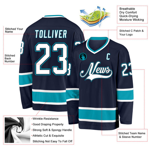 Custom Navy White-Teal Hockey Jersey - Sky-Custom