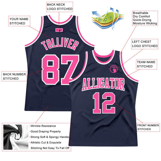 Custom Navy Pink-White Authentic Throwback Basketball Jersey - Sky-Custom