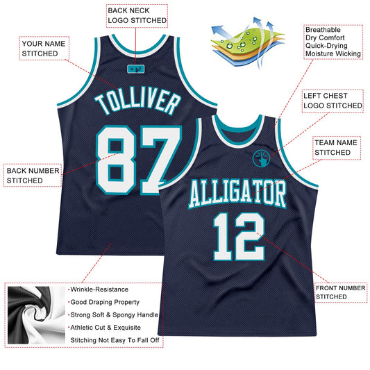 Custom Navy White-Teal Authentic Throwback Basketball Jersey - Sky-Custom