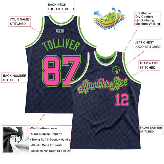 Custom Navy Pink-Neon Green Authentic Throwback Basketball Jersey - Sky-Custom