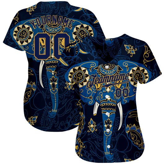 Custom Navy Navy-Old Gold 3D Pattern Design Elephant Authentic Baseball Jersey - Sky-Custom