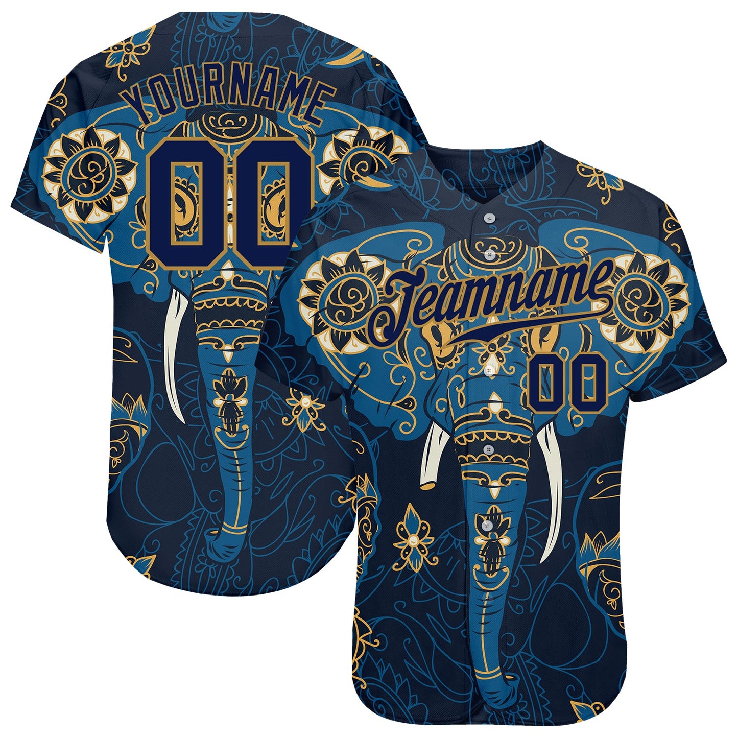 Custom Navy Navy-Old Gold 3D Pattern Design Elephant Authentic Baseball Jersey - Sky-Custom