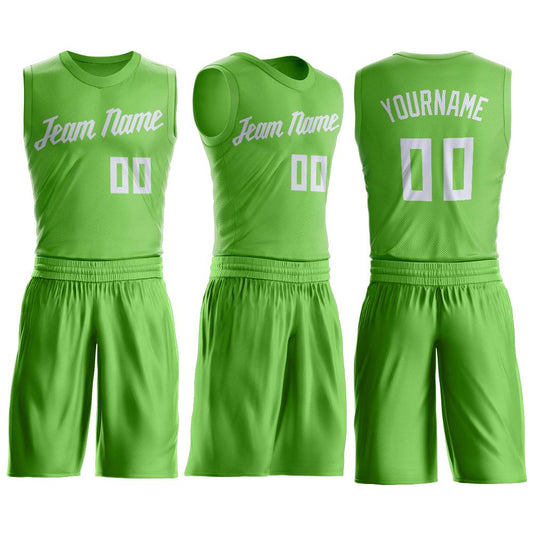 Custom Neon Green White Round Neck Suit Basketball Jersey - Sky-Custom