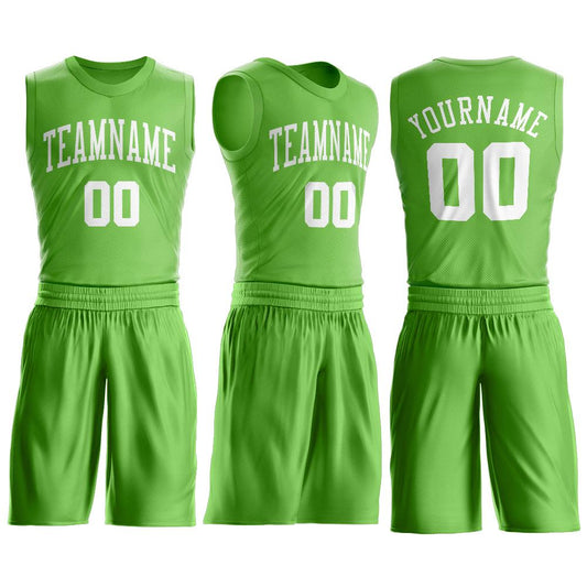Custom Neon Green White Round Neck Suit Basketball Jersey - Sky-Custom