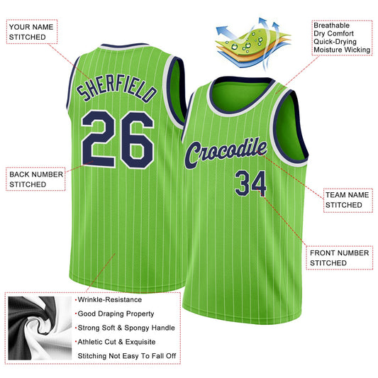 Custom Neon Green White Pinstripe Navy-White Authentic Basketball Jersey - Sky-Custom