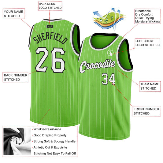 Custom Neon Green White Pinstripe White-Black Authentic Basketball Jersey - Sky-Custom