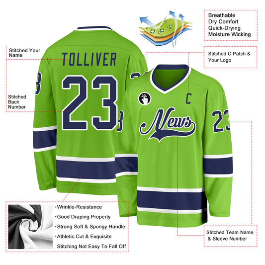 Custom Neon Green Navy-White Hockey Jersey - Sky-Custom
