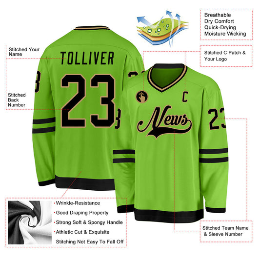 Custom Neon Green Black-Old Gold Hockey Jersey - Sky-Custom