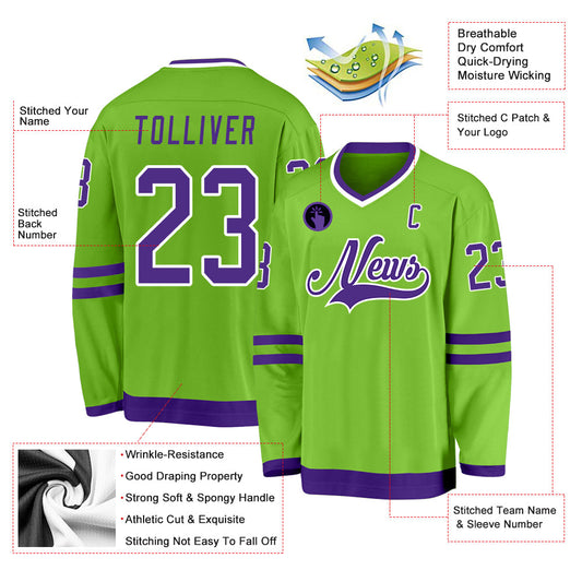 Custom Neon Green Purple-White Hockey Jersey - Sky-Custom