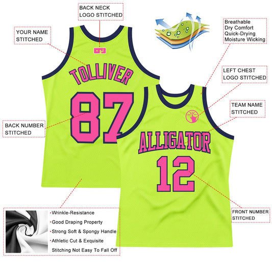 Custom Neon Green Pink-Navy Authentic Throwback Basketball Jersey - Sky-Custom