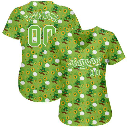Custom Neon Green Brown-Gold 3D Pattern Design Authentic St. Patrick's Day Baseball Jersey - Sky-Custom