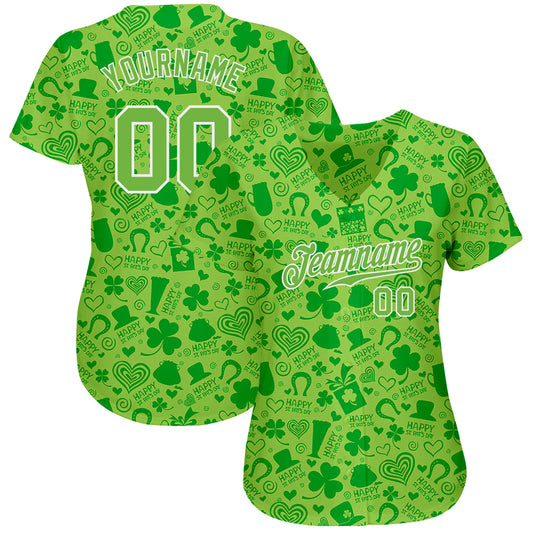 Custom Neon Green Neon Green-White 3D Pattern Design Authentic St. Patrick's Day Baseball Jersey - Sky-Custom