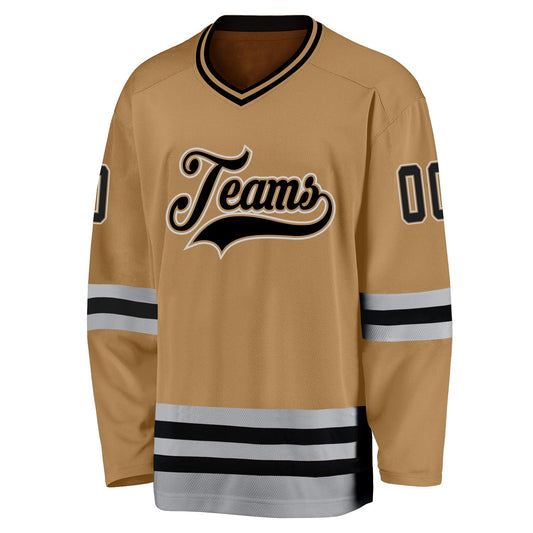 Custom Old Gold Black-Gray Hockey Jersey - Sky-Custom